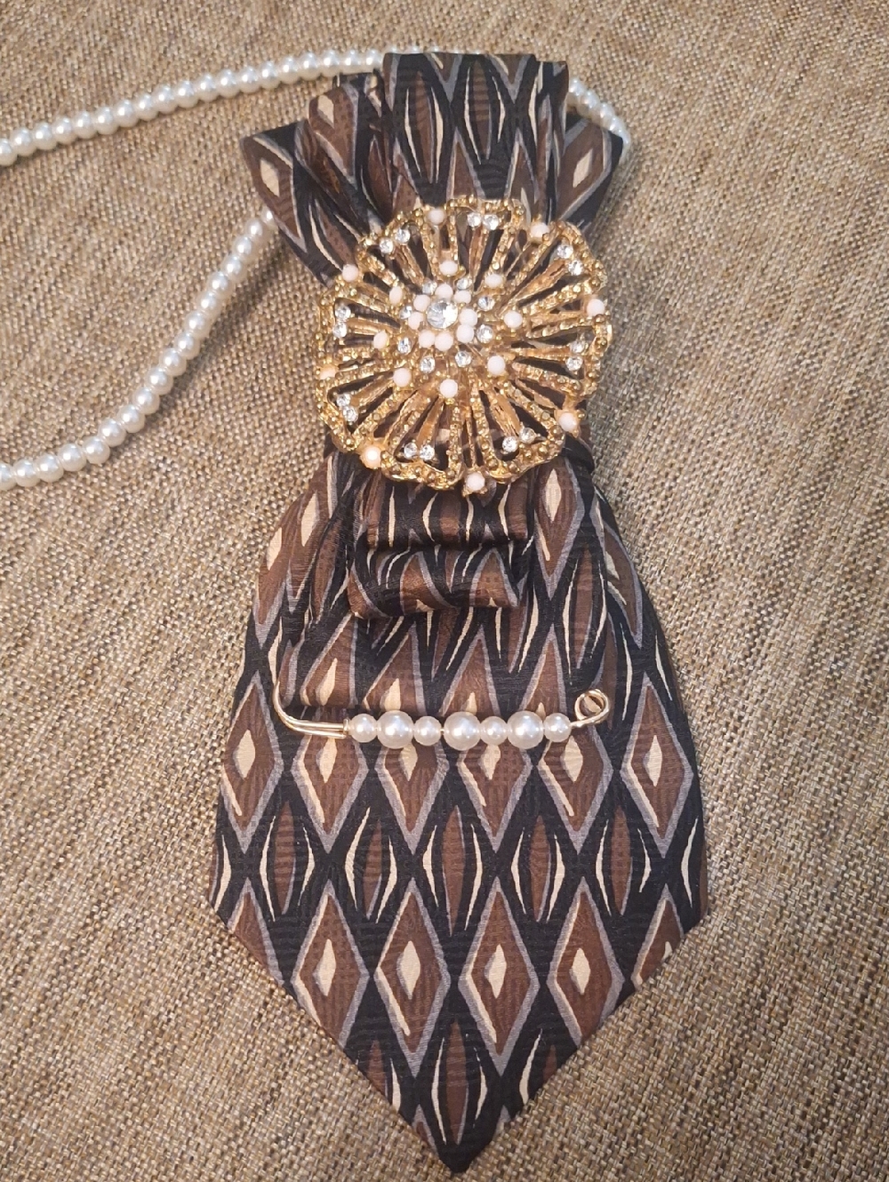 Brown, Black & Beige Upcycled Necktie Necklace